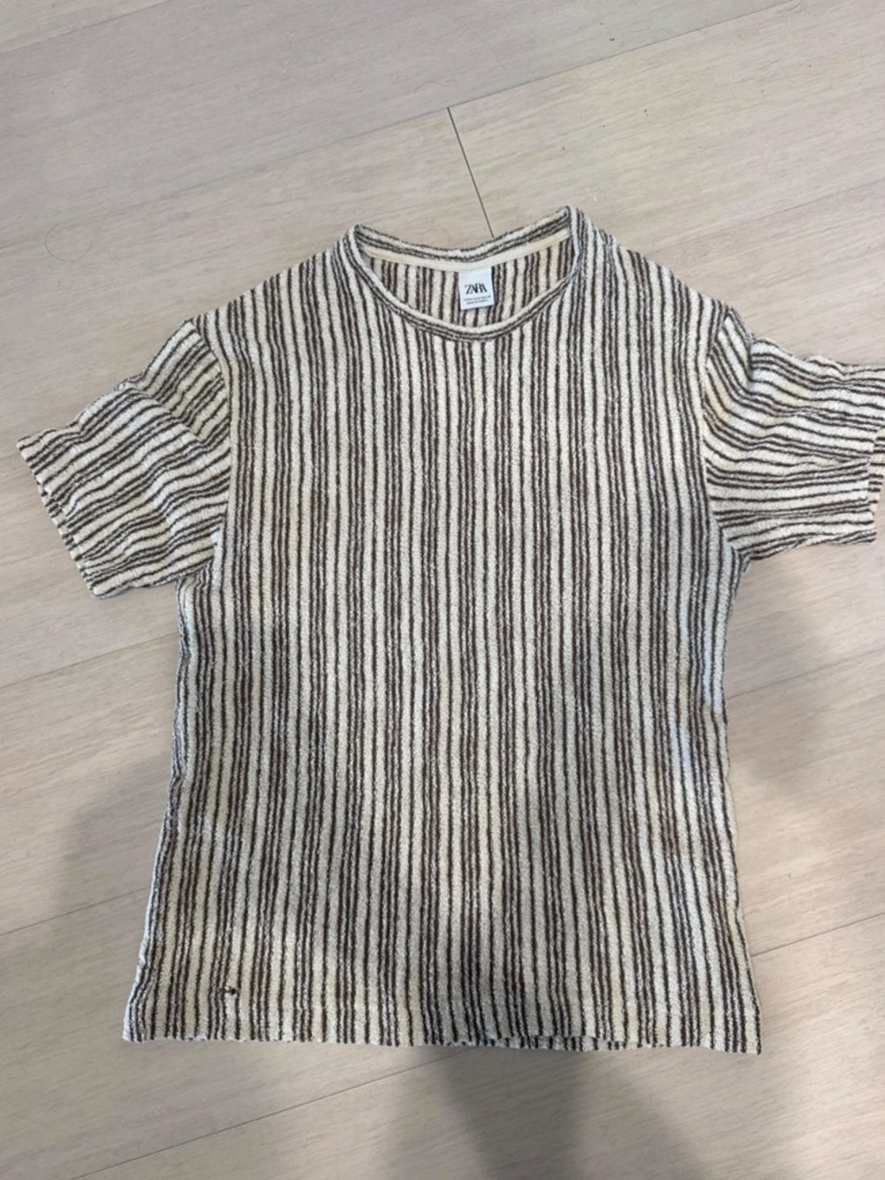 Zara Striped Jacquard Knit Short Sleeve Top - Cream & Brown Men Size S